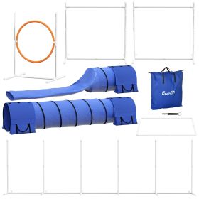 7 Pcs Dog Agility Training Equipment Set with Tunnels, Weave Poles, Adjustable Hurdle, Jumping Ring, Pause Box, Blue Pet Training