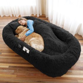 Human Dog Bed, Large Size Fits You and Pets, Washable Faux Fur Dog Bed for People Doze Off, Napping Orthopedic Dog Bed, Present Plump Pillow, Blanket (Color: Black, size: 6XL(71"L x 45"W x 12"Th))