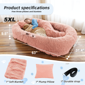 Human Dog Bed, Large Size Fits You and Pets, Washable Faux Fur Dog Bed for People Doze Off, Napping Orthopedic Dog Bed, Present Plump Pillow, Blanket (Color: Pink, size: 5XL(63"L Ã—31.4"W Ã—9.5"Th))
